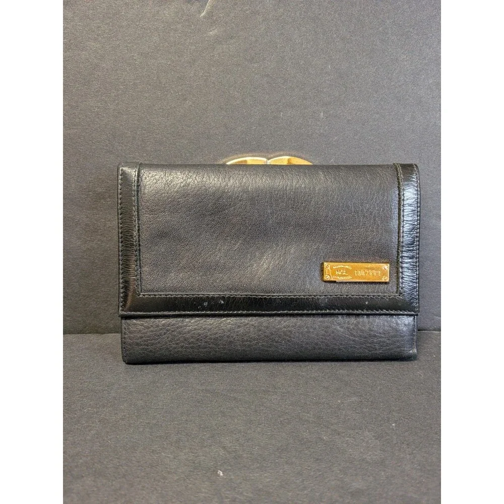 HCL Black Leather Kisslock Coin Pocket Credit Card Trifold Wallet - Vintage